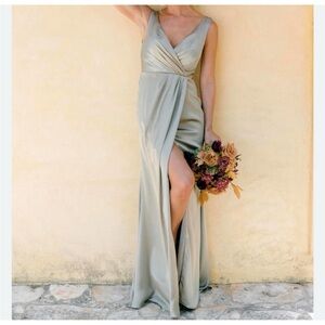 REVELRY silver sage green satin Blair Bridesmaids dress sz 8